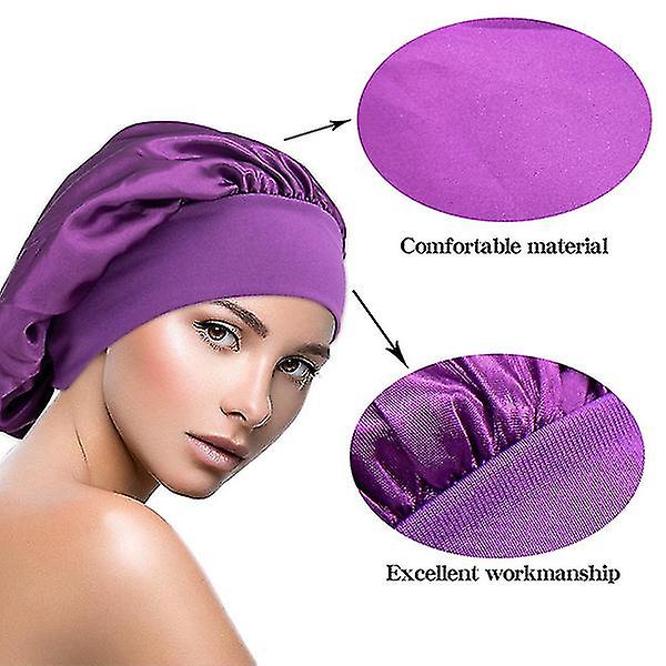 2-pack Justerbar Solid Satin Bonnet Hårstilningshatt Långt Hårvård Kvinnor Natt Sovhatt Siden Huvudomslag Duschhatt Hårstilningsverktyg purple