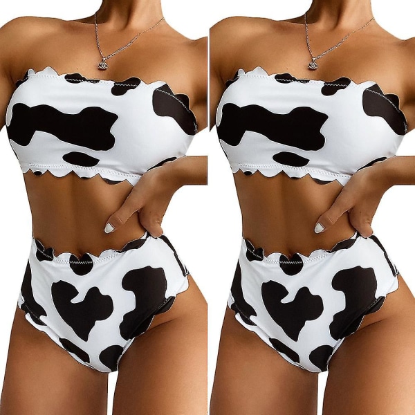 Dam Cow Print Bandeau Swimwear High Waist Bikini Set Baddräkt Baddräkt Strandkläder L