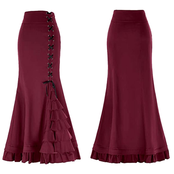 Plisserad midikjol dam gotisk punkkjol viktoriansk kjol med snörning Elastisk hög midja A-linje viktorianska Maxikjolar red XL