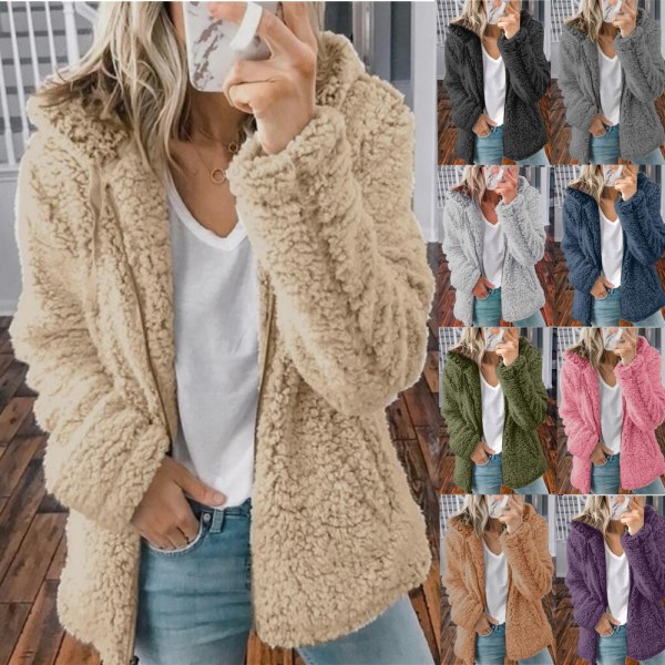 Dam Fleece Fluffig Huvtröja Långärmad Jacka Vinter Varm Teddybjörn Cardigan Khaki XL