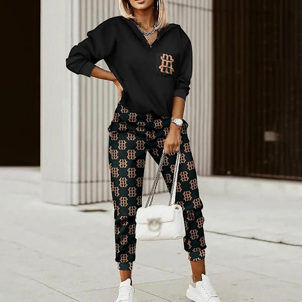 Kostym för kvinnor, flerfärgad tryckt långärmad byxdress med huva, smal, elegant, pendlar-kostym BLACK1 XL