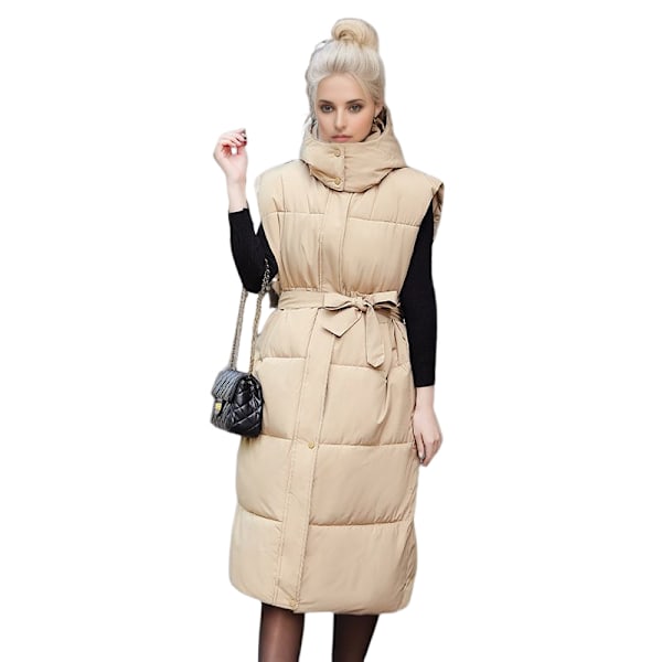 Lång väst dam höst och vinter lös ärmlös fjäder bomullsjacka varm kappa väst damkläder KHAKI M