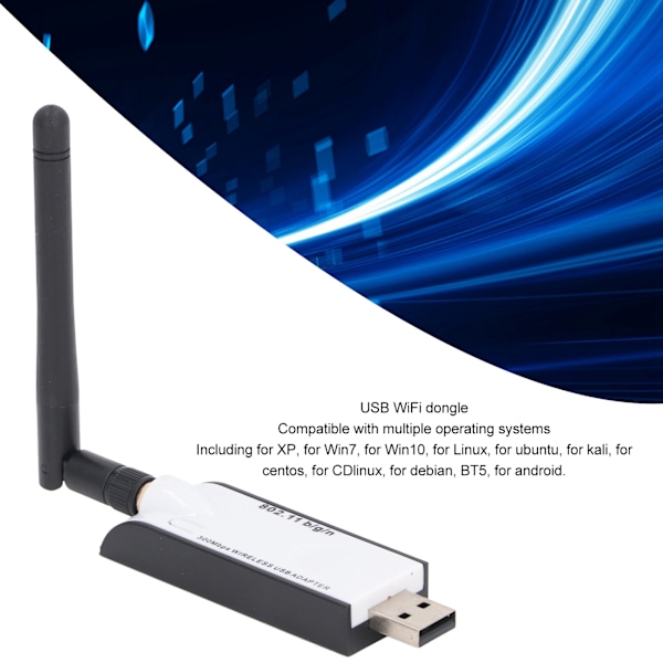 300 Mbps Trådlös USB WiFi-adapter med antenn, IEEE 802.11b/g/n, pålitlig anslutning för hemmakontor och stationära datorer, USB WiFi-dongel för Windows