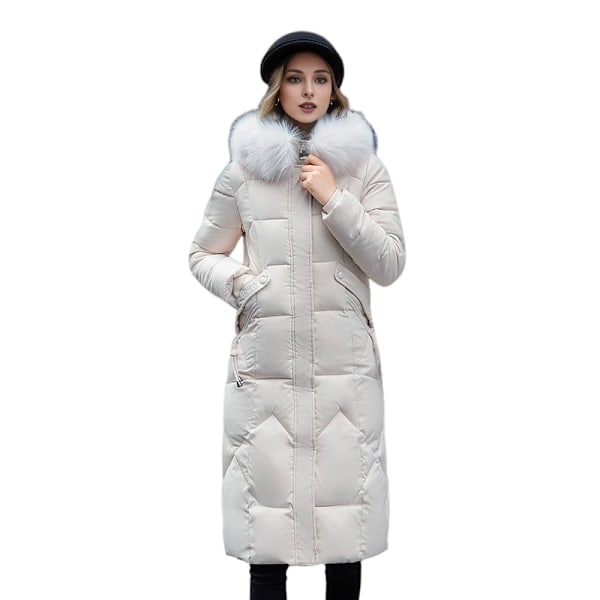 Damkappa i bomull, medellång, vintermode, smal, knälång, stor pälskrage, tjock bomullsjacka, trendig damkläder white XL