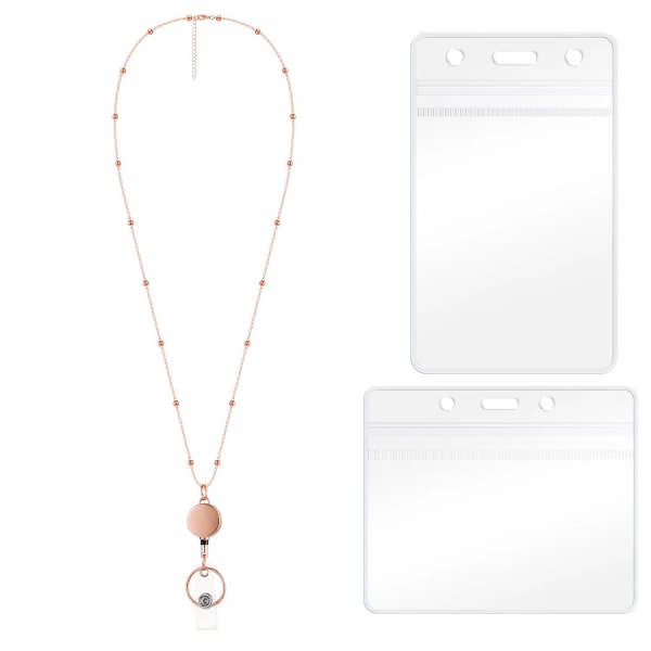 2 st utdragbar haspellina med ID-hållare Halsband Lanyard Clip Kedja Vattentät Hållare - B Rose Gold