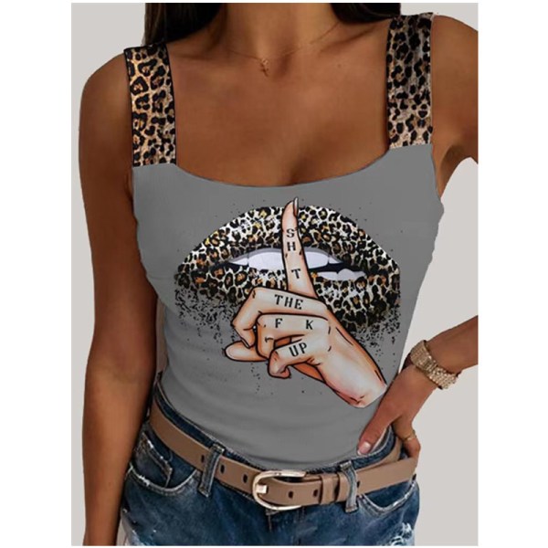 Sexig Dam T-shirt Leopard Läppar Tryckt Ärmlös Kort Blus Mode Fest Klubb Sommar Ärmlös Streetwear Korsett Toppar GREY M