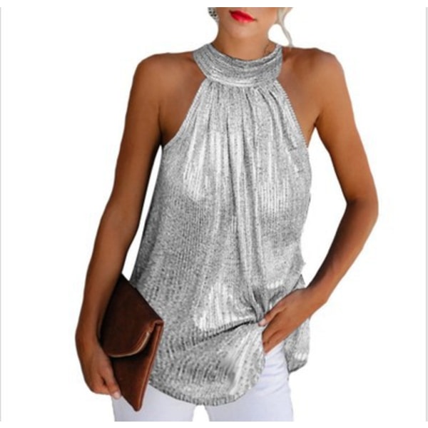 Mode Elegant Sexy Dubbel Silver Strapless Halsveckad Dragkedja Ärmlös T-shirt Casual Topp för Kvinnor SILVER S