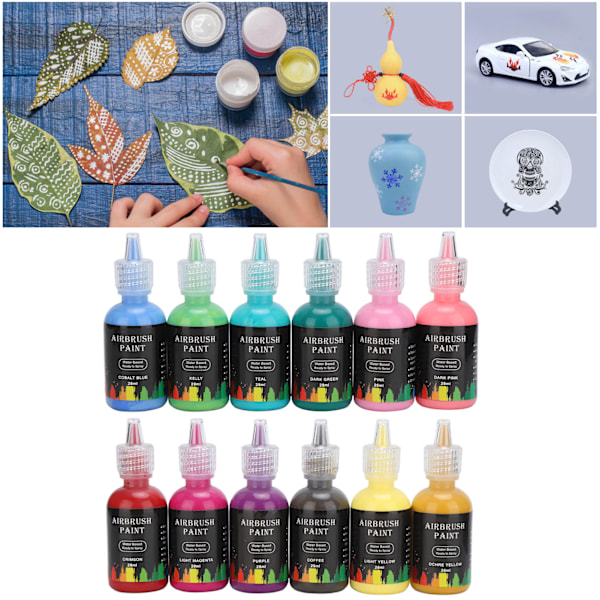 12 Färger Airbrush-färgset 348ml, DIY Flytande Bläck för Bilhantverk, Kakel, Stenar och Konstprojekt, Ultratunn Spets, Vattenbaserad, Lätt att Använda