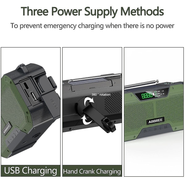Grön Emergency Radio 5000mah Solar Handvev Bärbar Am/fm/noaa Sos Radio Med ficklampa; läslampa Mobilladdare Black