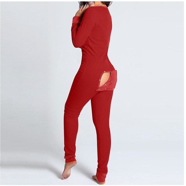 Butt Flap Underkläder Jumpsuit Dam Onesie Pyjamas Rygg Button-down Bodycon Nattkläder Vuxna Onesies Combinaison Pyjamas Femme Red XL