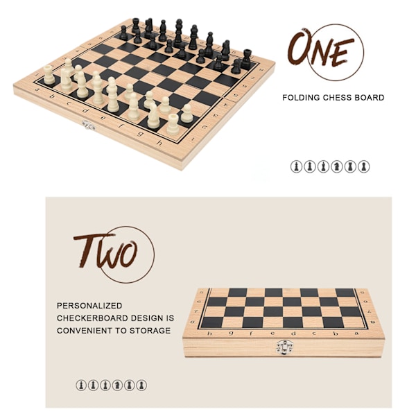 Träbräde för schack, dam och backgammon 3-i-1, vikbart, 24 x 24 cm / 9,4 x 9,4 tum, bärbar interaktivt spelset