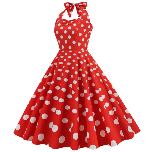 Retro Hepburn stil printed casual för kvinnor 50-talsmode Polka Dot Halter Neck ärmlös mellanlång klänning pink XL