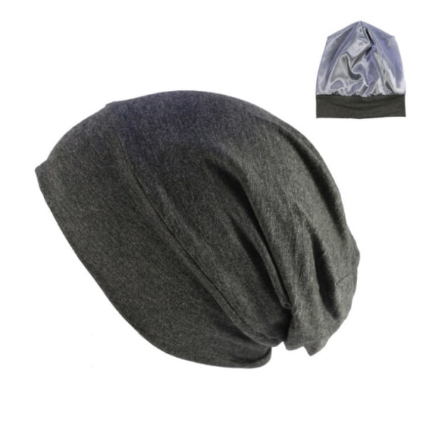 Satinfodrad mössa, silkesmössa Sömnmössa Cap Cover Slouchy Beanie Nattsovmössa Justerbar för lockigt svart hår Dark Gray