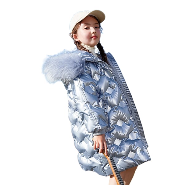 Kvinnors mellanlång dunjacka för barn Mode pälskrage reflekterande tyg Vattentät varm dunjacka silver 150cm