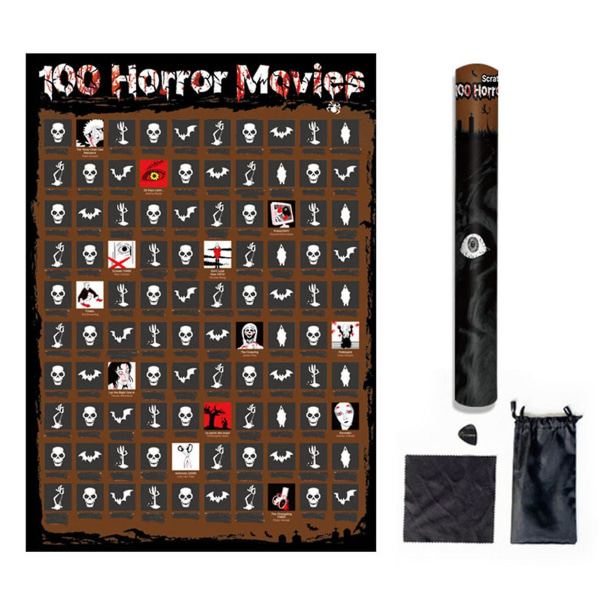 100 skräckfilmer Skrapa av affisch för Halloween måste se filmutmaningar Affischpresenter till filmfans Brown