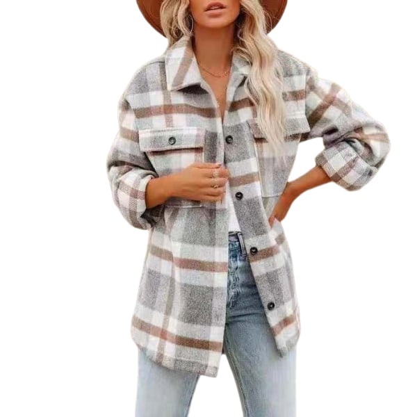 Kvinnors Klassiska Rutiga Knappskjortor Långärmad Flanell Kragejacka Höst och Vinter Casual Lös Ull Cardigan Kavaj KHAKI M