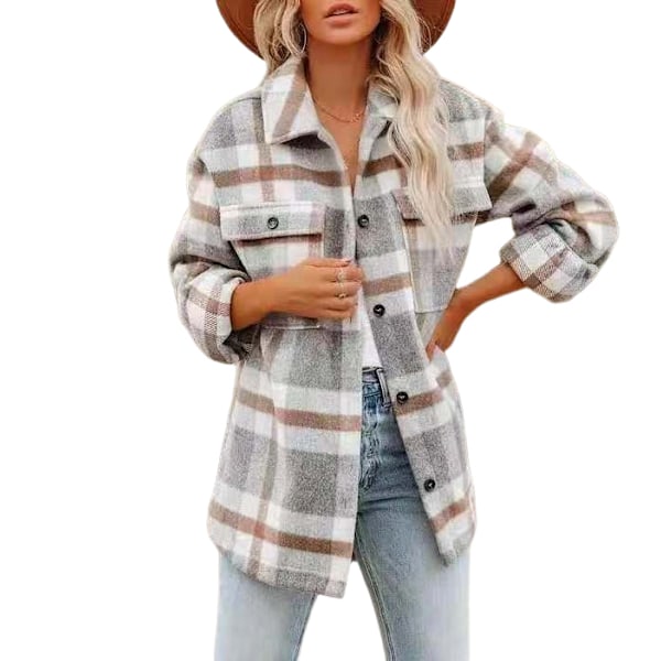 Kvinnors Klassiska Rutiga Knappskjortor Långärmad Flanell Kragejacka Höst och Vinter Casual Lös Ull Cardigan Kavaj KHAKI S