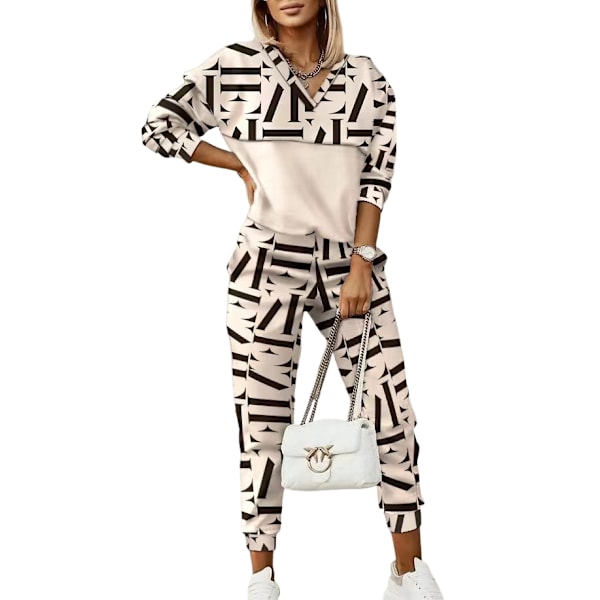 Kostym för kvinnor, flerfärgad tryckt långärmad byxdress med huva, smal, elegant, pendlar-kostym BEIGE1 XL