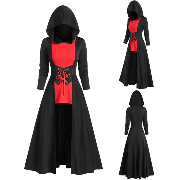 Medeltida kappa huvklänning för kvinnor renässans gotisk hög låg vintage långärmad Steampunk hoodie klänningar black M