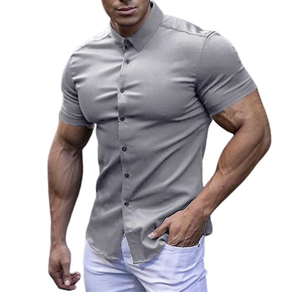 Damskjortor med enkel passform för män med kort ärm, fritidsskjortor med casual knappar Grey M