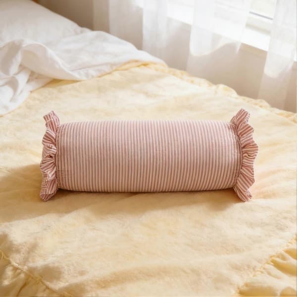8\" X 20\" Stribet pyntepude med flæser, lang cylinderformet pyntepude til seng, sofa, rustik boho-indretning, lyserød, størrelse One Size Pink One Size