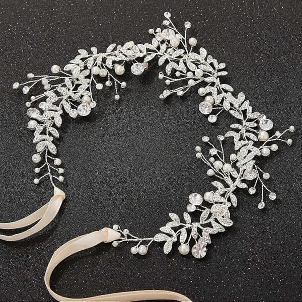 Romantisk bröllopsfestaccessoar, bröllopshårvin med kristallpärlor och justerbar form, håraccessoar med silverstrass för brudhår