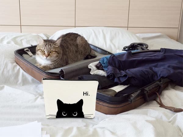 Makeuptaske med kattetema, sød makeuptaske, rejsetoilettaske (sort) Sort