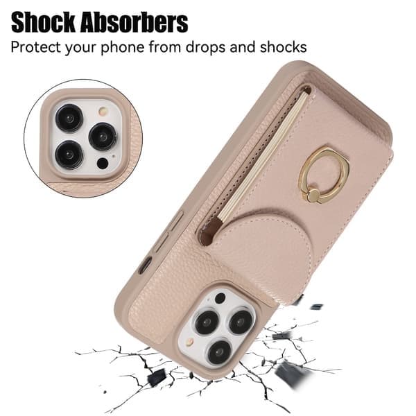 Et telefoncover til iPhone 17 Pro med pungfunktion, ringholder og RFID-kortplads. Passer til den beige iPhone 17 Pro