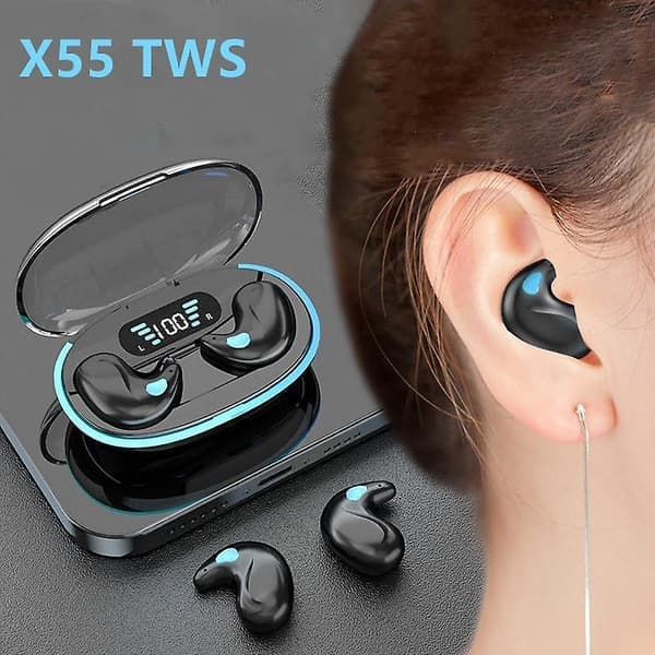 X55 Usynlige Trådløse Søvn Hodetelefoner, Mini Bluetooth 5.3 Ørepropper med Mikrofon Støyreduksjon Stereo
