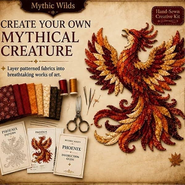 Begyndervenligt Mythic Wilds Gør-det-selv-sæt til lagdelt patchworkkunst, mønstret, stoffer, sytilbehør, skab mytisk væsen, E E
