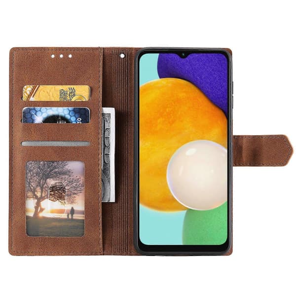 Samsung Galaxy A17 5G Läderplånboksfodral med skarvsömmar och handledsrem Brown