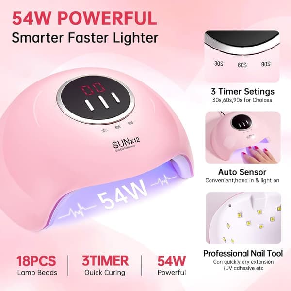 UV LED neglelampe 54W, gelnegle-tørrer med timerdisplay, autosensor, hurtig hærdning, pink