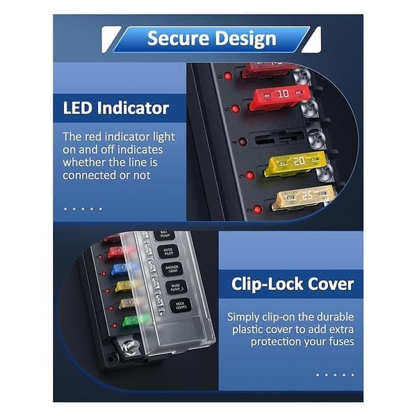 12V säkringsbox, 6-kretsars bladsäkringsbox med LED-indikator, ATO bladsäkringsbox med lock, säkring