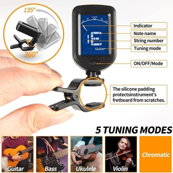 Guitartuner Ukuleletuner 1 sæt. Velegnet til guitar, bas, ukulele, violin og banjo
