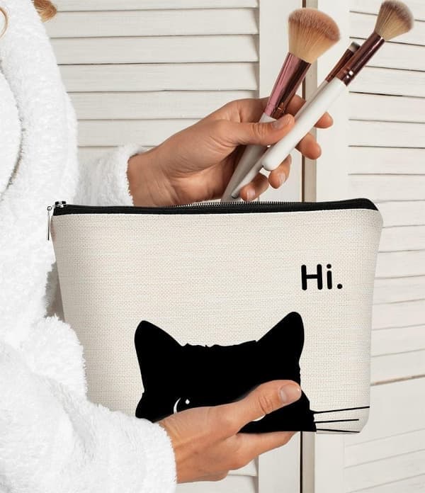 Makeuptaske med kattetema, sød makeuptaske, rejsetoilettaske (sort) Sort
