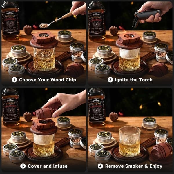 Whiskey-rygesæt med brænder, 6 varianter af træflis, 2 glas, 2 isterningeforme, Cocktail-rygekit (INGEN butan)