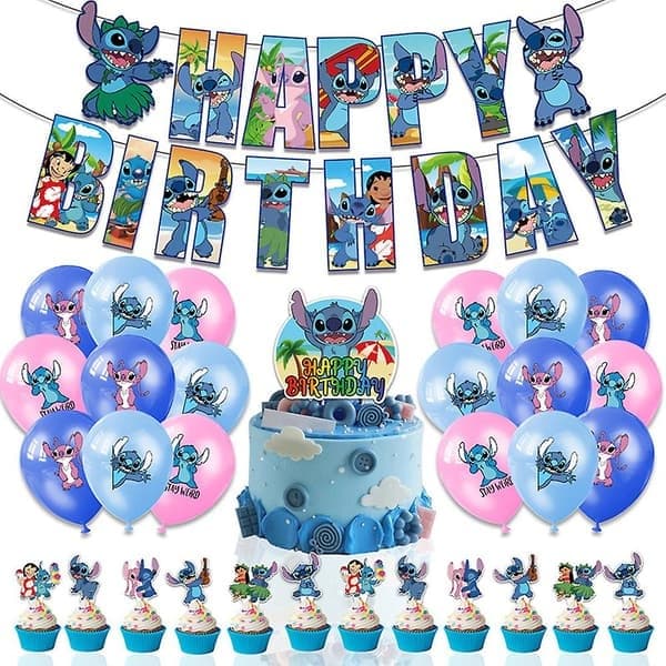 Stitch-tema festdekorationer banner balloner kagepynt sæt gaver