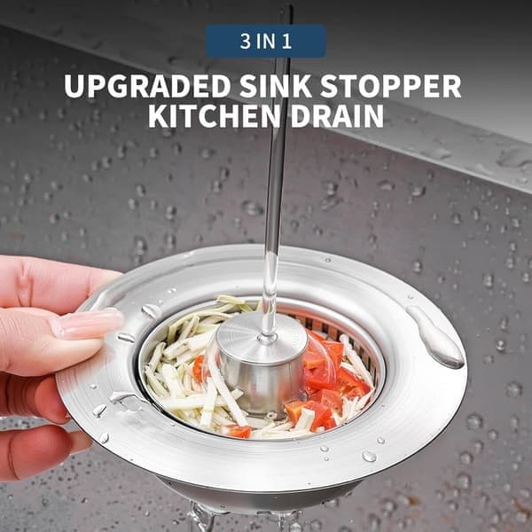 3-i-1 vaskesien og prop i 304 rustfrit stål, pop-up vaskeprop, anti-tilstopningssi til standard 3-1/2” køkkenvask