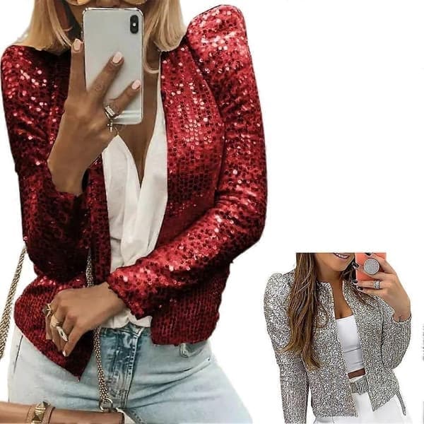 Dam Paljettjacka Öppen Front Casual Långärmad Kofta Kraglös Glitter Kort Jacka, Silver, Storlek L Silver L
