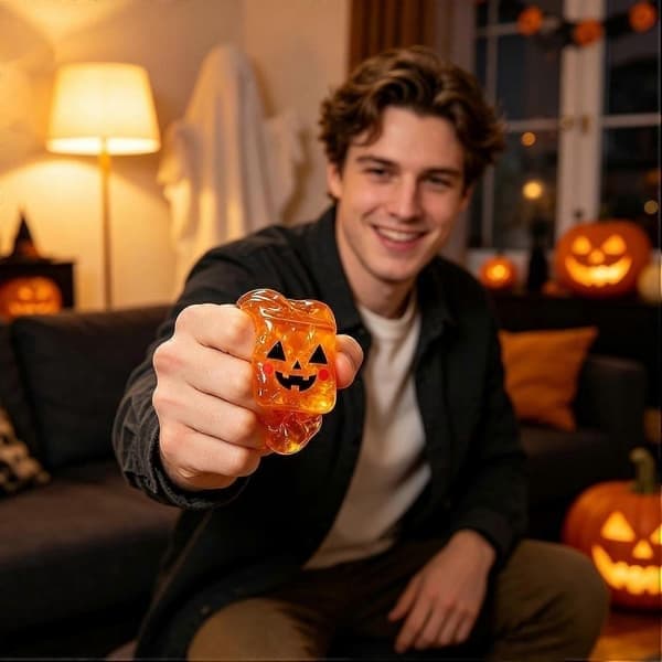 Halloween Spooky Squishy Cube 5.5cm, Glitter Slow Rising Stress Ball Squeeze Toy, Spooky Pumpkin Ghost Fidget Cube, Vit White