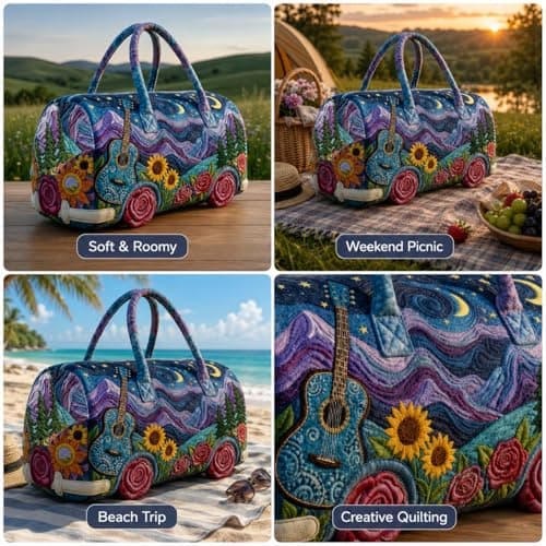 Sød hvalp quiltet duffel håndtaske, blomstret patchwork rejsetaske til camping, picnic, korte ture daglig opbevaring Starry Sky Guitar