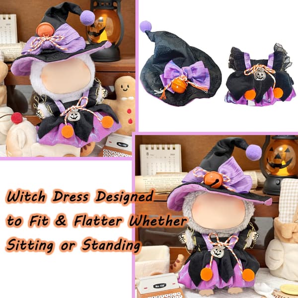 Halloween dockkläder set för Labubu 17cm dockor, magikerklänning Witch Purple