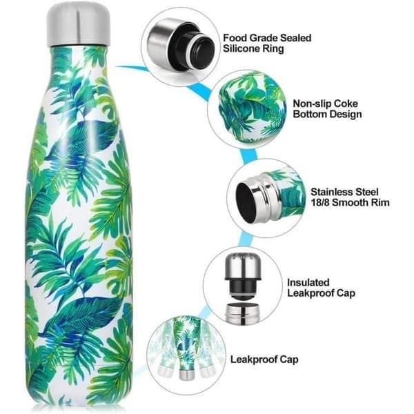 Vattenflaska, 500 ml, Termos i rostfritt stål, Bananbladsdesign