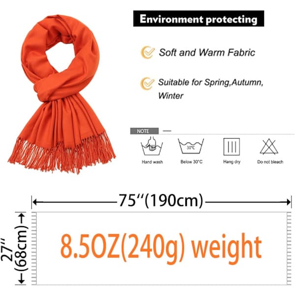 Pashmina-sjaler og -wraps til kvinder til bryllupssjaler til kvinder, vinter, brændt orange Burnt Orange