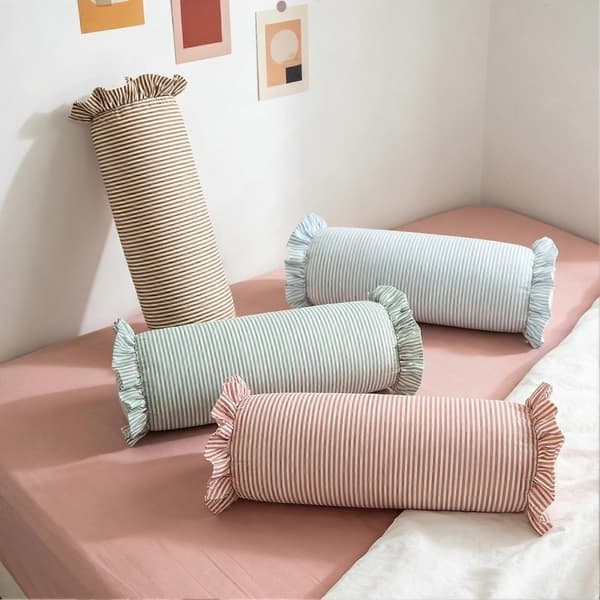 8\" X 20\" Stribet pyntepude med flæser, lang cylinderformet pyntepude til seng, sofa, rustik boho-indretning, lyserød, størrelse One Size Pink One Size