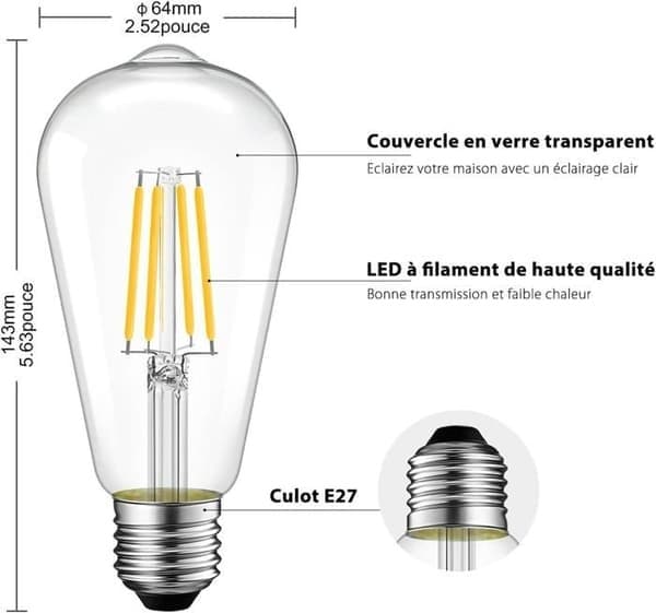 8W LED-glødelampe E27 ST64, tilsvarer 60W glødepære, 2700K varmhvit, 6-pakning