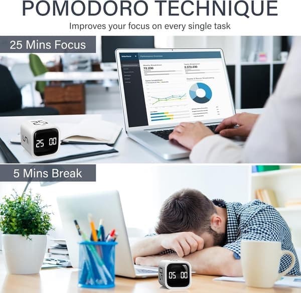 Roterende Pomodoro-timer med 5/10/25/50 minutters forudindstillinger, roterbar nedtællingstimer til skrivebordet til arbejde og studier, ADHD-værktøj, hvid