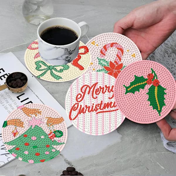 igoodom 8 stk. jule-diamantkunst-underlagssæt med holder 8 Pcs Coaster(10cm Dia) MB628
