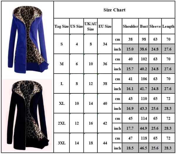 Vinter Kvinder Hætte Tyknet Plus Fleece Leopard Sweater Jakke, Blå, Størrelse M Blue M