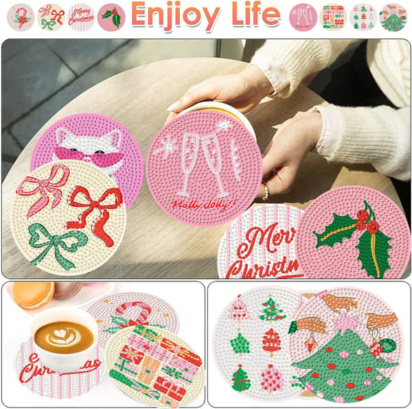 igoodom 8 stk. jule-diamantkunst-underleggsett med holder 8 Pcs Coaster(10cm Dia) MB628